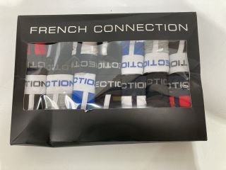 BOX OF ASSORTED CLOTHING TO INCLUDE THE FRENCH CONNECTION 14 PACK BOXERS SIZE L