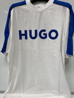 QTY OF MENS CLOTHING TO INC HUGO BOSS FULLY LINED SWIM SHORTS SIZE L & HUGO BOSS BLUE OVERSIZED LOGO TEE WITH TAPING WHITE SIZE XL TOTAL RRP £105