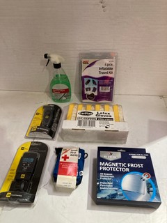 BOX WITH ASSORTED ITEMS INCLUDE AA TRAVEL ESSENTIALS DIGITAL LUGGAGE SCALES