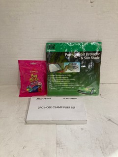 BOX WITH ASSORTED ITEMS INCLUDE CARPLAN BUG BLITZ BUG & TAR REMOVER WIPES 15 XL WIPES