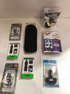 BOX OF ASSORTED ITEMS INCLUDE VIBE IPHONE CAR CHARGER