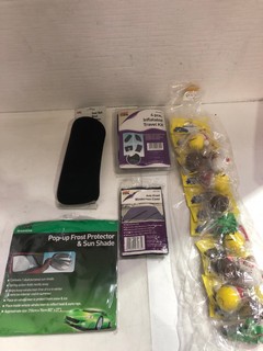 BOX OF ASSORTED CAR ITEMS TO INCLUDE AUTOCARE SEAT BELT HEAD CUSHION & WOTNOTS TYRE VALVE DUST CAPS