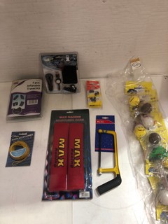 BOX OF ASSORTED ITEMS TO INCLUDE MAX RACING SHOULDER PADS & PRO-TORX HIGH QUALITY HACKSAW