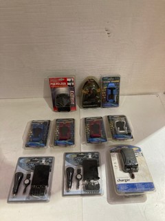 QTY OF ASSORTED ITME STO INCLUDE MAC RACING PHONE HOLDER & IO ACCESSORIES MAINS CHARGER