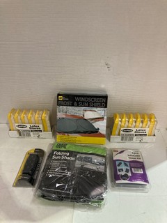 QTY OF ASSORTED ITEMS TO INCLUDE AA CAR ESSENTIALS WINDSCREEN FROST & SUN SHIELD & AA UNIVERSAL BULB KIT