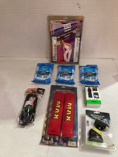 QTY OF ASSORTED ITEMS TO INCLUDE VIBE CAR CHARGER & SIMONIZ JUMBO CLEANUP WIPES