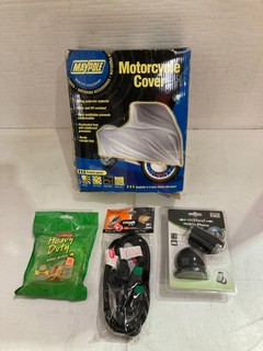 QTY OF ITEMS TO INCLUDE MAYPOLE MOTORCYCLE COVER & SIMONIZ ACRYLIC SPRAY PAINT