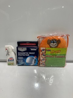 QTY OF ASSORTED ITEMS TO INCLUDE BROOKSTONE 9 LED ALUMINIUM MINI TORCH & AUTOCARE "KIDS STUFF" NECK CUSHION