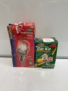 QTY OF ASSORTED ITEMS TO INCLUDE RING INSPECTION LAMP WITH OPEN BULB GUARD & TURTLE WAX WASH & WAX CAR WASH KIT