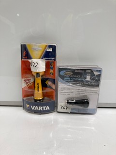 QTY OF ASSORTED ITEMS TO INCLUDE VARTA SHOCKPROOF INDUSTRIAL TORCH LIGHT & EQUIP CARAVAN INTERIOR AWNING LAMP