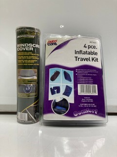 QTY OF ASSORTED ITEMS TO INCLUDE BROOKSTONE WINDSCREEN COVER & AUTOCARE 4PC INFLATABLE TRAVEL KIT