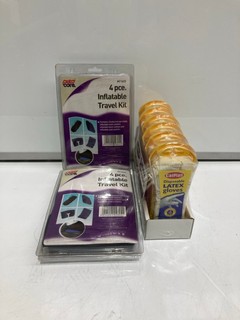 QTY OF ASSORTED ITEMS TO INCLUDE AUTOCARE 4PC INFLATABLE TRAVEL KIT & CARPLAN DISPOSABLE LATEX GLOVES