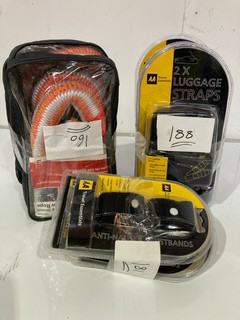 QTY OF ASSORTED ITEMS TO INCLUDE AA ESSENTIALS LUGGAGE STRAPS & AA CAR ESSENTIALS 3-IN-1 EMERGENCY BEACON