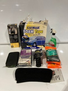 QTY OF ASSORTED ITEMS TO INCLUDE UNI-MASK HIGH BAKE FOAM TAPE & CARPLAN SCREEN WIPES