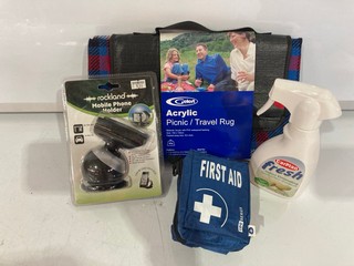 QTY OF ASSORTED ITEMS TO INCLUDE TIMING BELT & GELERT ACRYLIC PICNIC/TRAVEL RUG