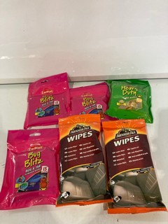 QTY OF ASSORTED ITEMS TO INCLUDE ARMOR ALL WIPES AND CARPLAN HEAVY DUTY HAND WIPES