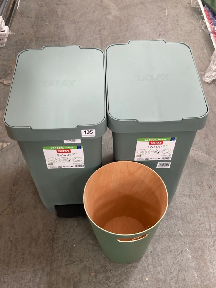 3 X ASSORTED JOHN LEWIS HOUSEHOLD ITEMS TO INCLUDE 2 X TATAY SMART 25L BIN IN GREEN