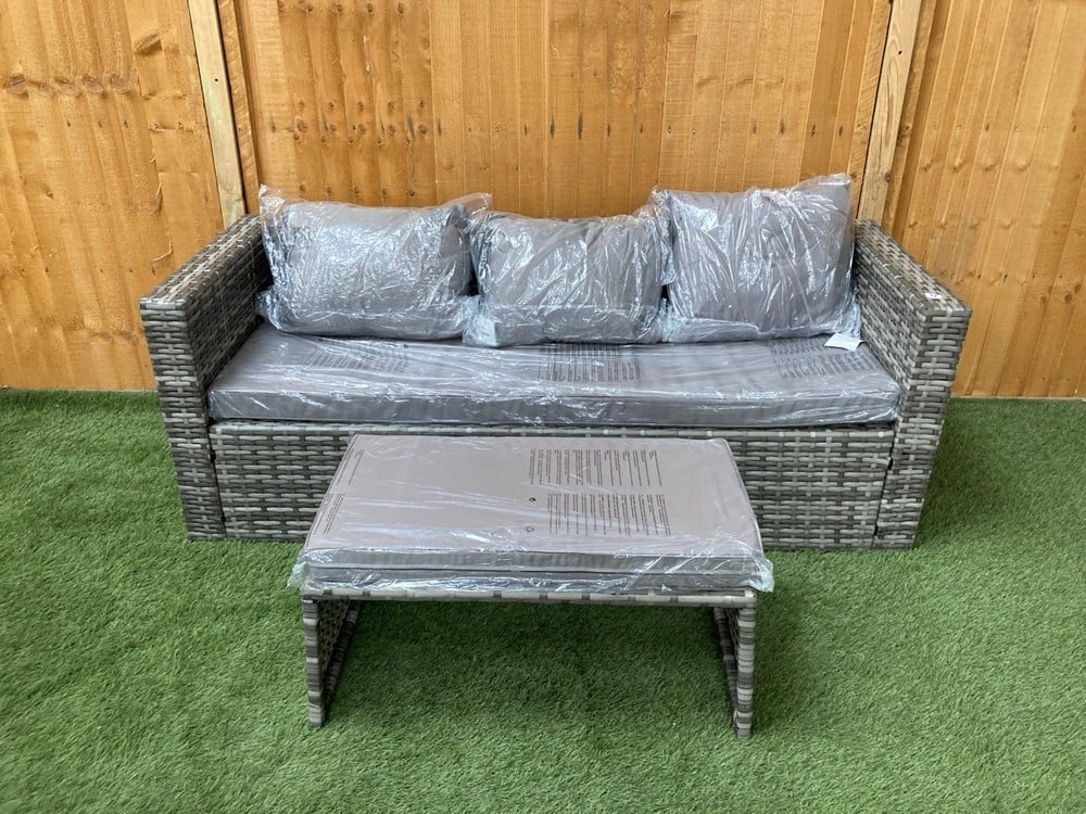 3 SEATER GARDEN SOFA IN GREY WITH GREY CUSHIONS TO INCLUDE RECTANGULAR SIDE TABLE IN GREY