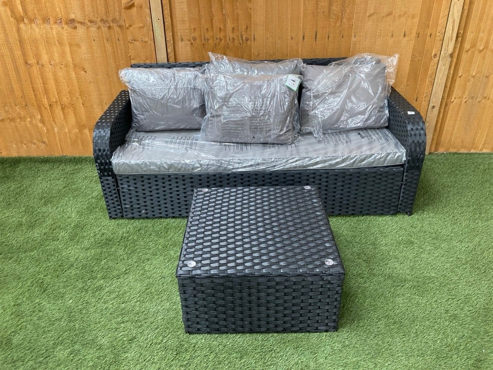 3 SEATER GARDEN SOFA IN BLACK WITH GREY CUSHIONS TO INCLUDE SQUARE GLASS TOP COFFEE TABLE IN BLACK