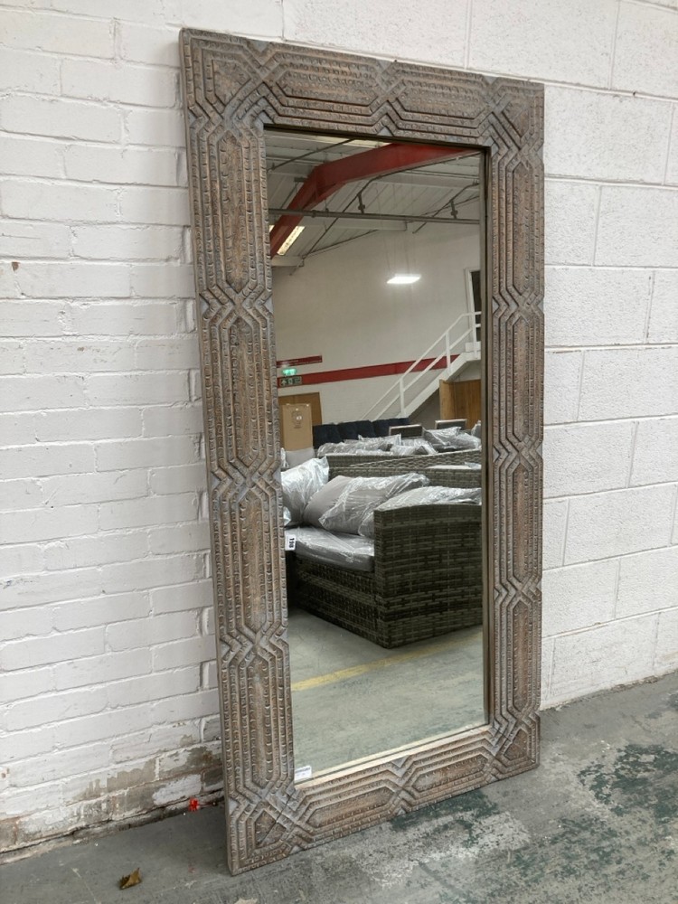 APPROX 182 X 90CM WOODEN CARVED MIRROR IN DARK BROWN