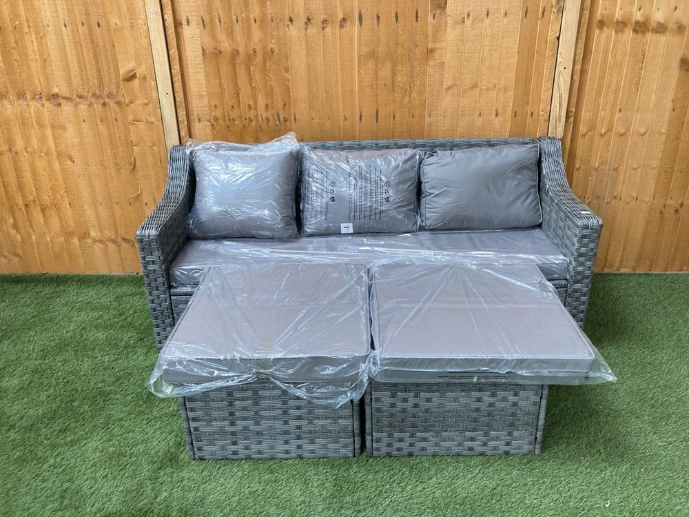 3 SEATER RATTAN SOFA IN GREY WITH GREY CUSHIONS TO INCLUDE 2 X SQAURE LARGE STOOLS