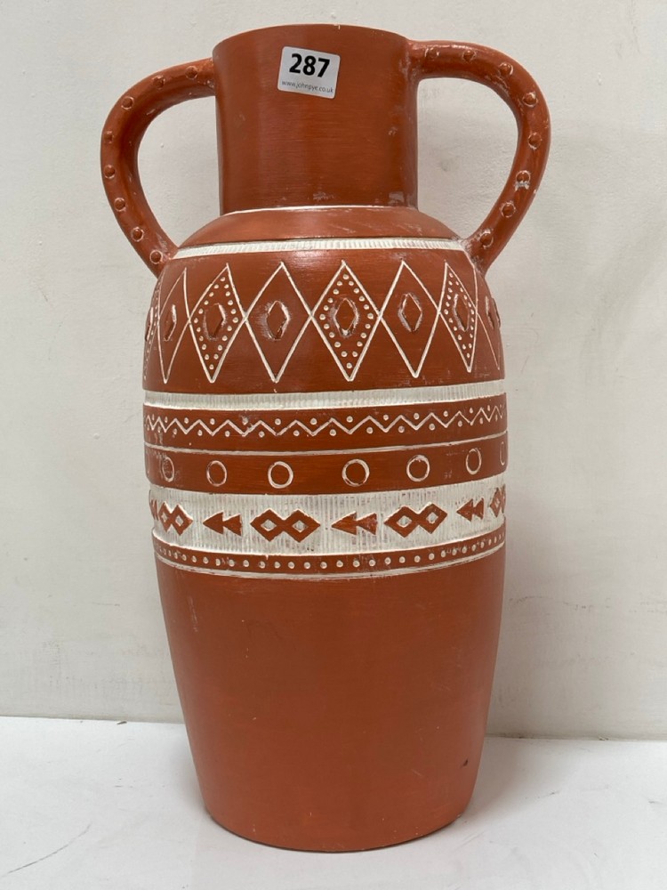 LARGE DECORACTIVE PATTERNED VASE IN TERRACOTTA (COLLECTION ONLY)