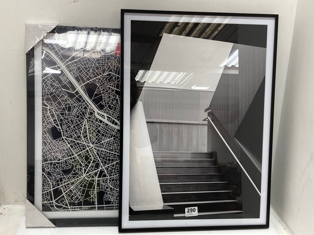 MONOCHROME STAIRS PHOTOGRAPHY FRMAED PRINT TO INCLUDE MONOCHROME MAP OF PARIS PRINT