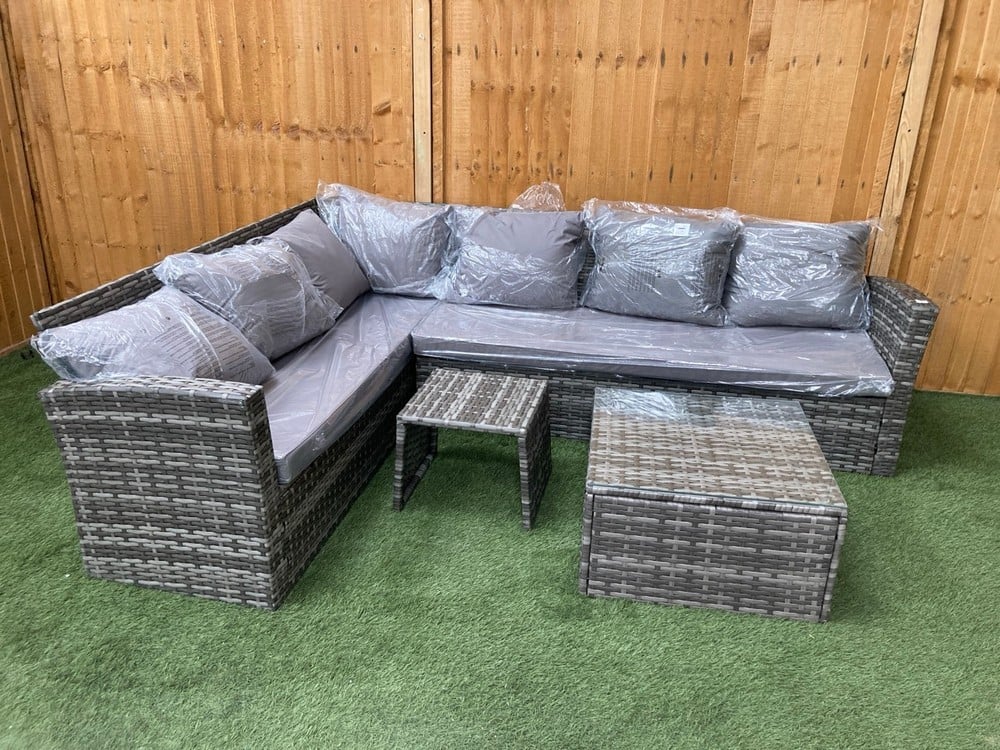 L SHAPED OUTDOOR RATTAN SOFA IN GREY WITH COFFEE TABLE AND STOOL