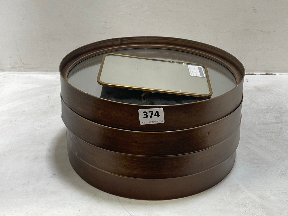 4 X ROUND BRASS EFFECT TRAY WITH MIRROR TOP TO INCLUDE NALA MIRROR WITH STAND - SMALL(COLLECTION ONLY)