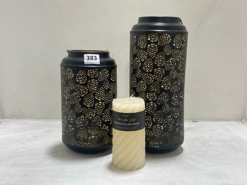 SET OF 2 BLACK / BRASS CUT OUT CANDLE LANTERNS(COLLECTION ONLY)