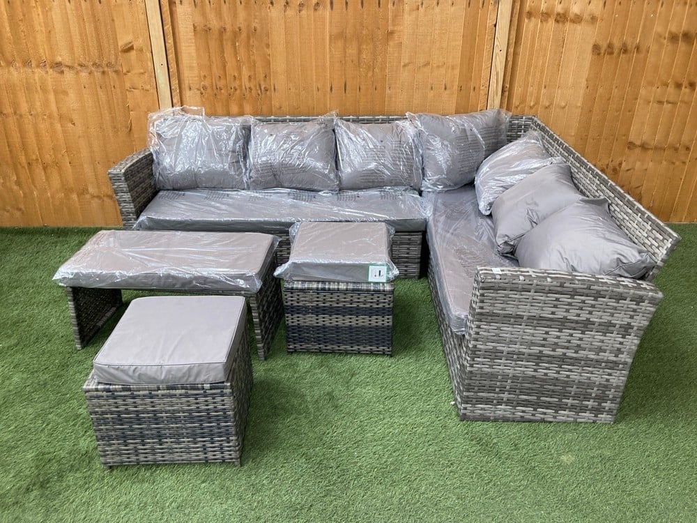 L SHAPED OUTDOOR RATTAN SOFA IN GREY WITH COFFEE TABLE AND TWO STOOLS