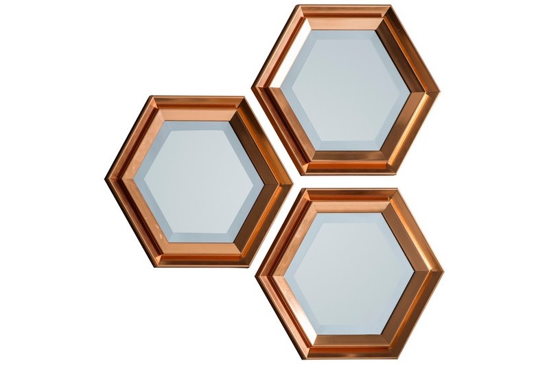 3 X HEXAGONAL MIRRORS IN ROSE GOLD