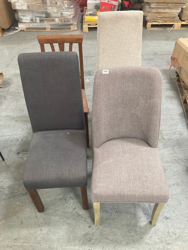 4 X ASSORTED ITEMS TO INCLUDE CREAM FABRIC DINING CHAIR WITH NATURAL WOODEN LEGS