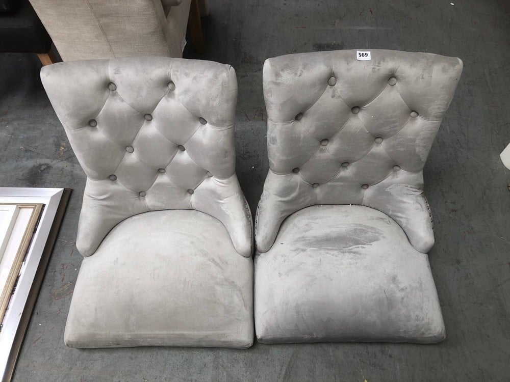 2 X LUXURY VELVET GREY DINING CHAIRS ( MISSING LEGS )