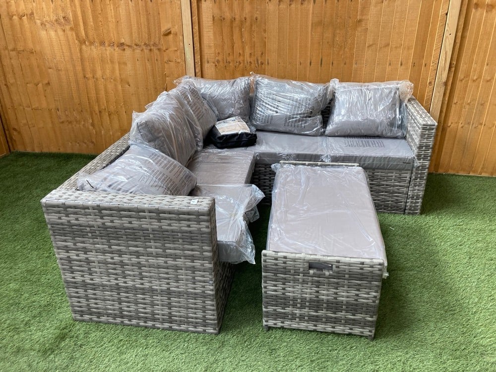 OUTDOOR RATTAN GARDEN FURNITURE SET WITH GREY CUSHIONS, STORAGE BENCH AND FURNITURE COVER IN BLACK