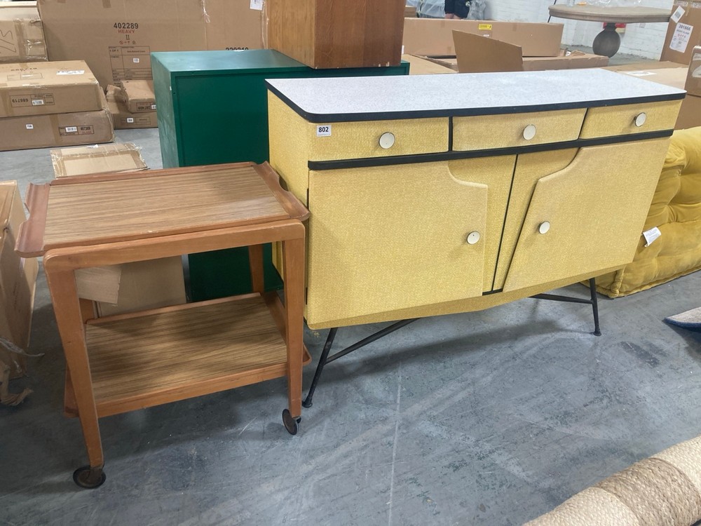 RENEWAL VINTAGE 1950'S FABRIC COVERED FORMICA SIDEBOARD - LIGHT YELLOW TO INCLUDE WOODEN TROLLY