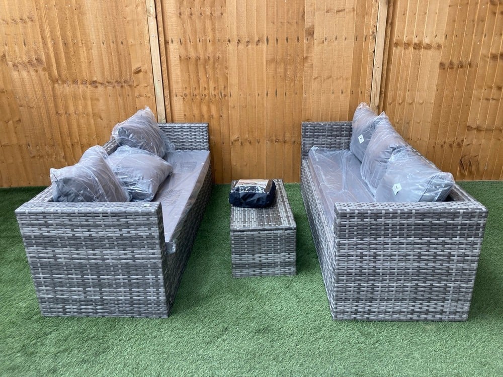 2 X 3 SEATER OUTDOOR RATTAN GARDEN SOFAS WITH GREY CUSHIONS TO INCLUDE SMALL COFFEE TABLE IN GREY AND FURNITURE COVER IN BLACK