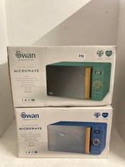 2 X SWAN 20L MICROWAVE OVENS - NORDIC COLLECTION - MIXED COLOURS PINE GREEN AND SPRUCE BLUE