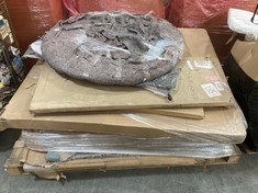 PALLET OF ASSORTED ITEMS TO INCLUDE LARGE ROUND GLASS TOP DINING TABLE TOP (PART ONLY) (KERBSIDE PALLET DELIVERY)