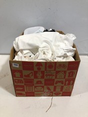 BOX OF ASSORTED ADULTS CLOTHING TO INCLUDE GILDAN T-SHIRT IN WHITE SIZE L