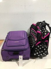 FLYMAX 24 INCH SUITCASE IN DARK PURPLE TO INCLUDE SEWING 2 WHEEL LARGE SEWING MACHINE BAG - DOT BLACK/PINK