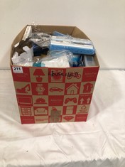 BOX OF ASSORTED HOUSEHOLD ITEMS TO INCLUDE CLAIR DE LUNE SOFT COTTON CELLULAR COTBED BLANKET IN WHITE