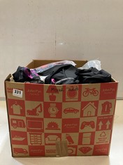 BOX OF ASSORTED ADULTS CLOTHING TO INCLUDE SIKMA CYCLING PANTS IN BLACK/PINK SIZE M