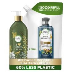 10 X HERBAL ESSENCES REPAIR ARGAN OIL SHAMPOO FOR DAMAGED HAIR IN REFILLABLE ALUMINIUM SHAMPOO BOTTLE WITH PUMP DISPENSER AND REFILL POUCH, SUSTAINABLE GIFT SET WITH 60% LESS PLASTIC, 910 ML.