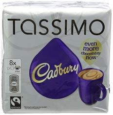 10 X BOX OF 5 X TASSIMO CADBURY HOT CHOCOLATE PODS, (8 PODS, 8 SERVINGS).