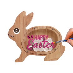 QUANTITY OF ASSORTED ITEMS TO INCLUDE RABBIT PIGGY BANK,OMPINDA WOODEN TRANSPARENT RABBIT SAVING BANK CUTE EASTER GIFTS COIN BANK FOR BOYS AND GIRLS: LOCATION - A RACK