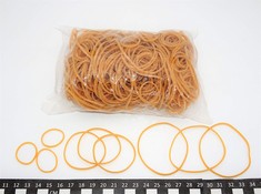 QUANTITY OF ASSORTED ITEMS TO INCLUDE PROGOM - RUBBER BANDS - BLOND - ASSORTED SIZES - LAY FLAT LENGTH 30MM, 60MM, 80MM - WIDTH 1.7MM - PACK OF 100 GRAMS: LOCATION - A RACK