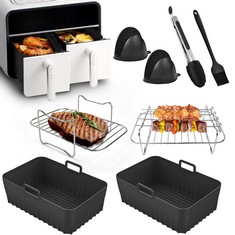 11 X YEEAMMK AIR FRYER ACCESSORIES, 2 PCS SILICONE REUSABLE LINERS FOR NINJA DUAL&TOWER DUAL FRYER, RACKS WITH 4 SKEWERS, OIL BRUSH, FOOD TONGS & GLOVES, BLACK - TOTAL RRP £119: LOCATION - A RACK