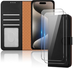 QUANTITY OF ASSORTED ITEMS TO INCLUDE ICATCHY FOR IPHONE 15 PRO MAX CASE WITH 2 HD SCREEN PROTECTOR TEMPERED GLASS LEATHER WALLET BOOK STAND VIEW MAGNETIC PROTECT RFID BLOCKING SHOCKPROOF COVER , ROS