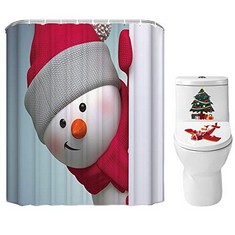 31 X MERRY CHRISTMAS SHOWER CURTAIN SET FOR BATHROOM- CUTE SNOWMAN PLAYING HIDE & SEEK WITH YOU, WINTER HOLIDAY POLYESTER FABRIC DECORATION WITH HOOKS AND TOILET COVER STICKER, XMAS DECOR 72X72 - TOT